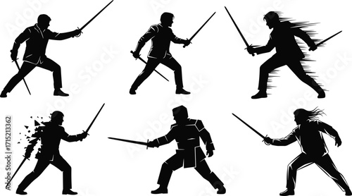 Silhouette sword fighters, duel combat poses, martial arts action, medieval warriors training, fencing illustration, dynamic battle stance, defense moves, historical weapon fight