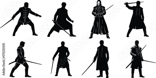 Silhouette warriors with swords, medieval fighters, fencing combat poses, historical duel illustration, vintage samurai knights, battle stance artwork, sword fighting training, defense