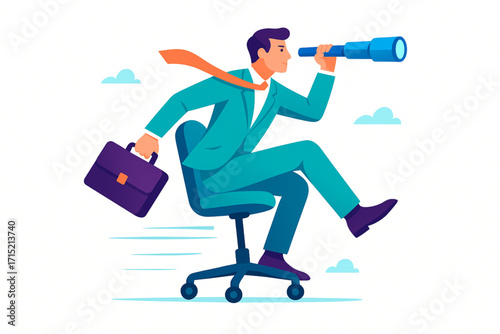 Ambitious businessman with briefcase on office chair zooms forward seeking future opportunities