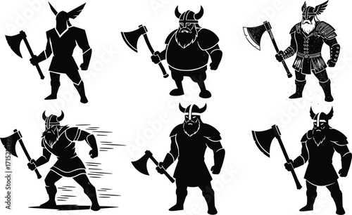 Viking warrior illustration with battle axe, medieval Norse fighter vector, ancient Scandinavian soldier artwork, nordic mythology design, historical combat character
