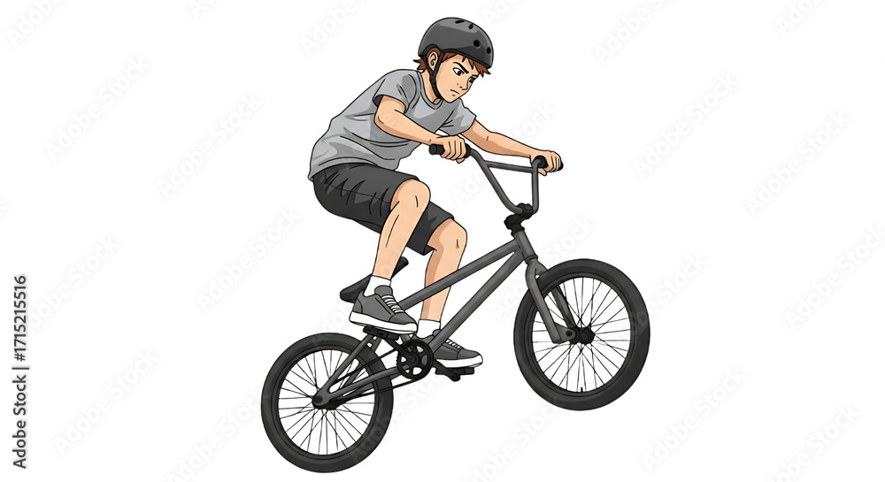Naklejka premium Young BMX Rider in Action Performing a Wheelie on a BMX Bike