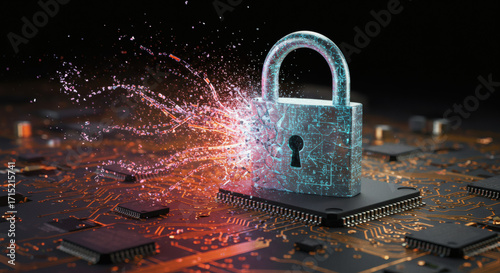 Digital Security and Cyber Protection Concept A Padlock Symbolizing Data Protection on a Microchip
