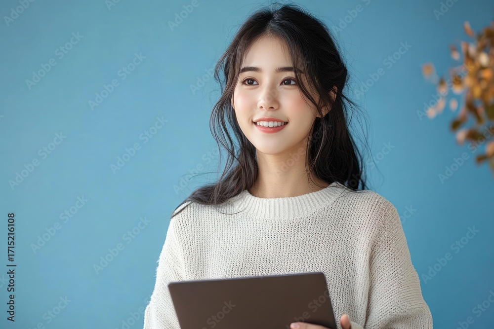 Obraz premium Young woman with long dark hair wearing a white knitted sweater holding a tablet and smiling gently against a blue background