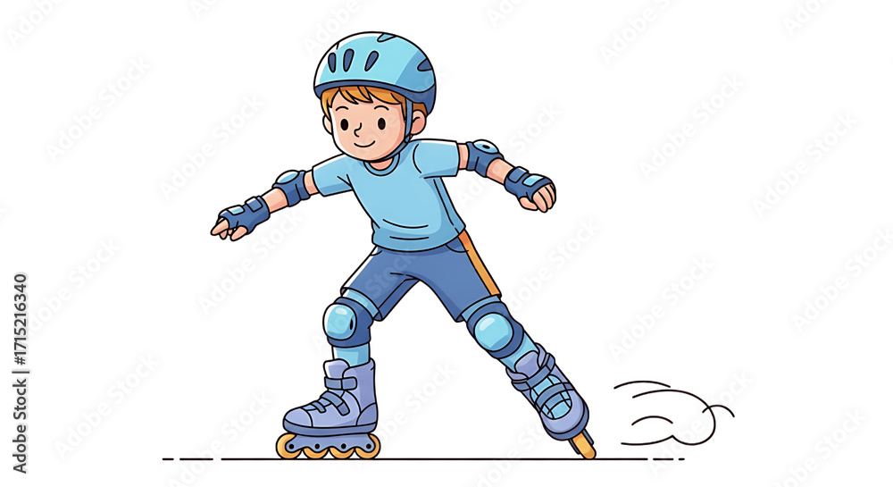 Obraz premium Young boy in protective gear enjoys rollerblading on a paved path, capturing the joy of outdoor activity