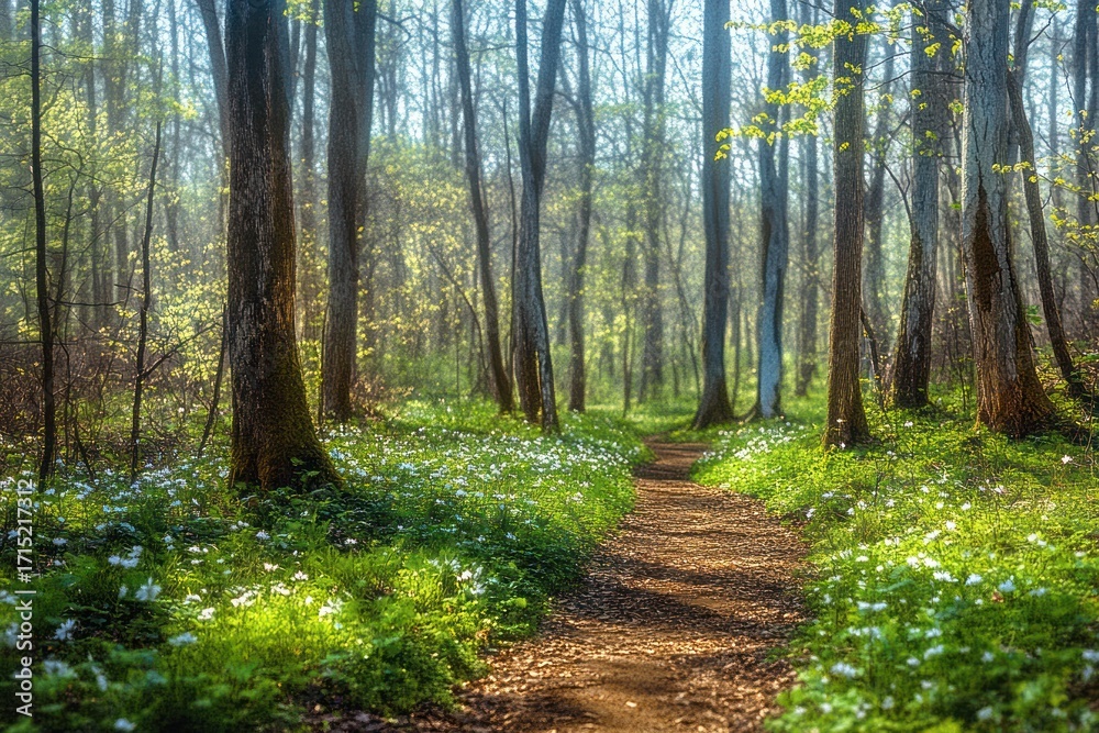 Fototapeta premium Sunlit forest path winding through tall trees with fresh green foliage and blooming white wildflowers creating a serene and peaceful atmosphere