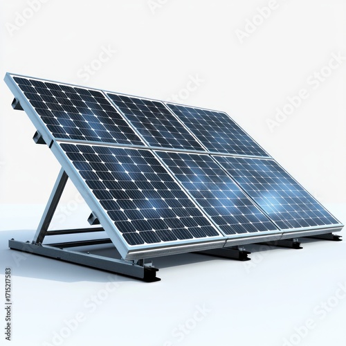 Fototapeta kuchenna Modern solar panel array mounted on angled metal frame against plain background, reflecting light with clean and efficient energy theme