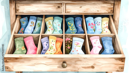 Colorful Socks Organized in a Decorative Wooden Drawer