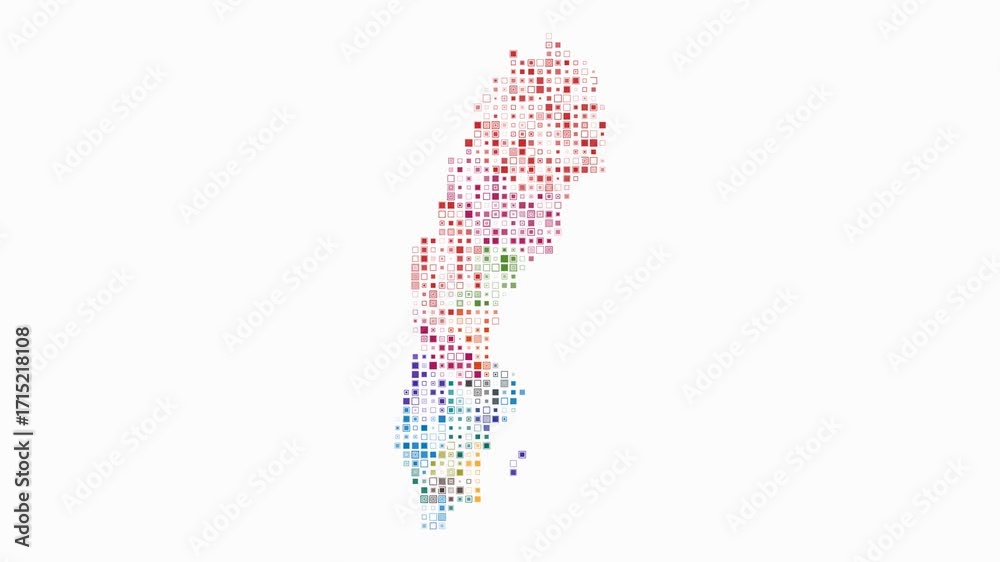 Sweden animated country shape. Pulsating colored dots on the map of the country. Small size square blocks. Digital style Sweden map on white background. Creative animation video.