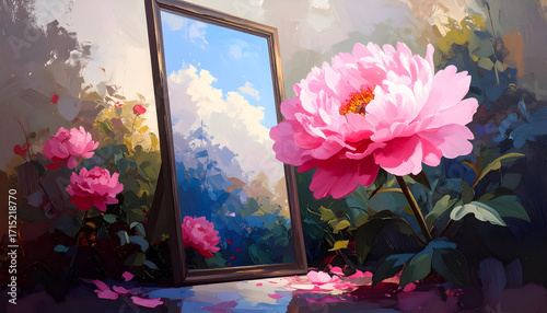 Elegant Bloom Behind a Tilted Mirror with Soft Reflections