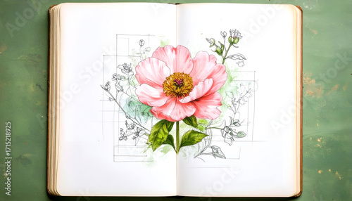 Beautiful Bloom Sketch in Open Sketchbook with Floral Illustrations