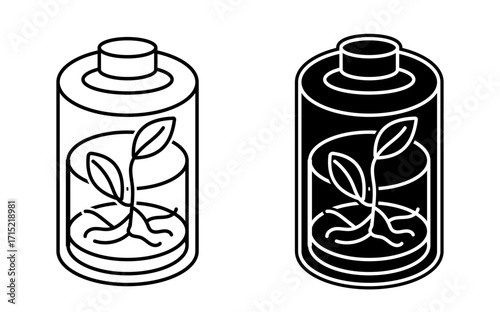 Bio-Energy Battery – transparent battery with plant roots and glowing liquid cells inside.