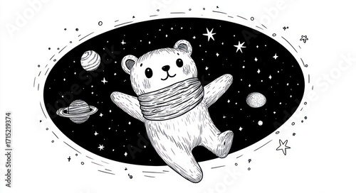A joyful teddy bear wearing a scarf floating in outer space surrounded by stars and planets with a playful and whimsical mood