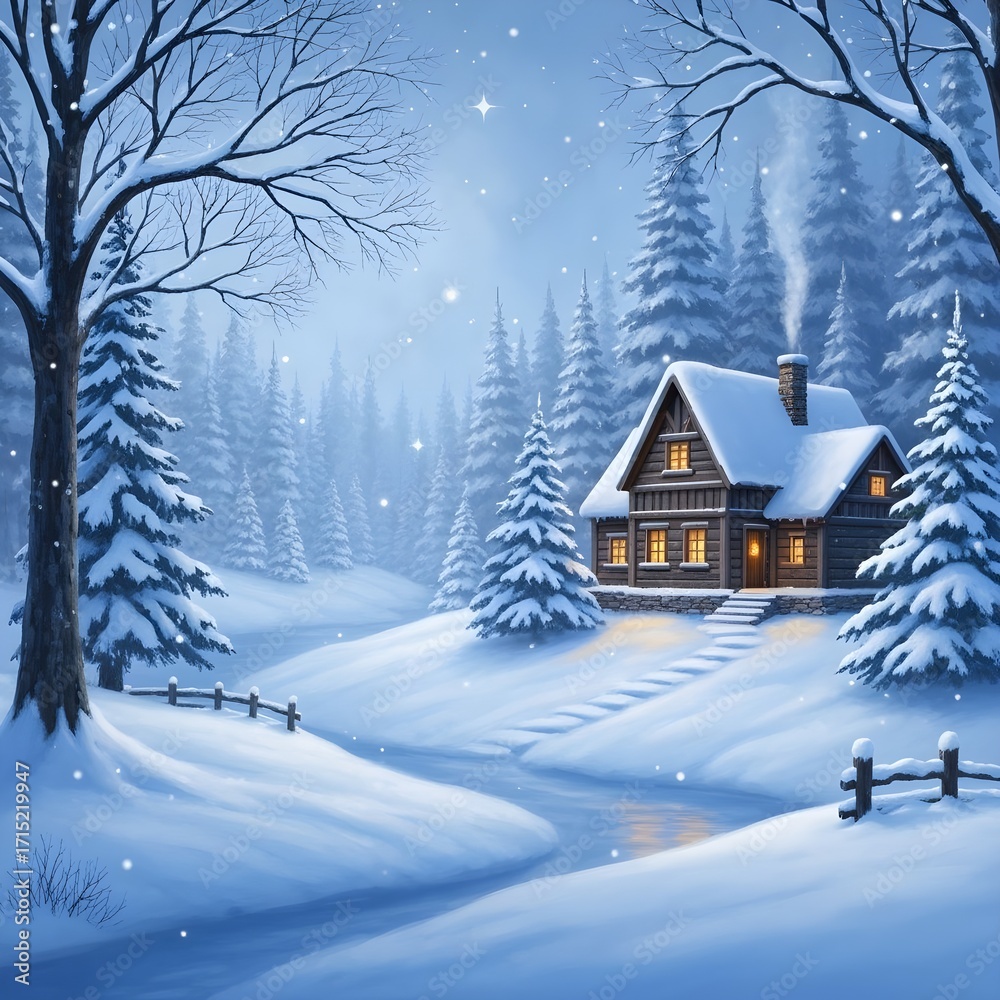 Naklejka premium Cozy Winter Cabin in Snowy Forest with Warm Windows and Smoking Chimney at Christmas holiday