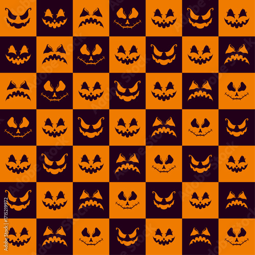 Decorative background with a pattern of Halloween pumpkins with scary faces in orange and black