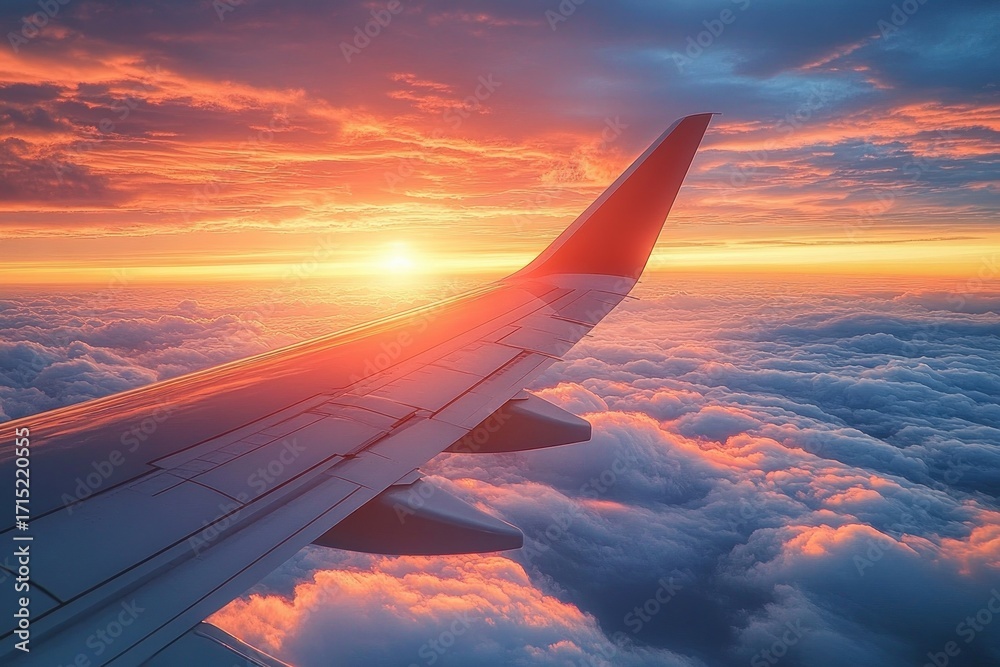 Obraz premium View of an airplane wing flying above a sea of clouds during a vibrant orange and purple sunset
