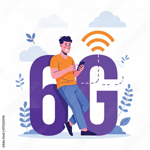 Smiling Man Uses Smartphone Connected to 6G Network. EPS Vector
