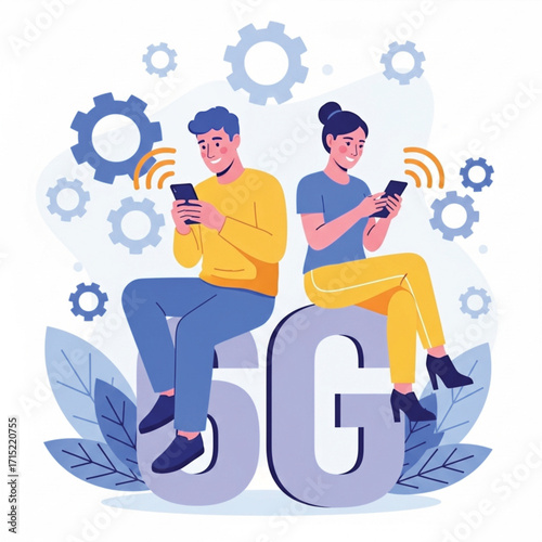 A vibrant illustration of a man and a woman happily using their smartphones, demonstrating seamless connectivity to a 6G network. EPS Vector