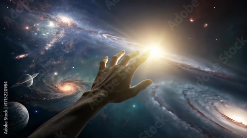 An epic scene of divine creation: a hand creating stars, planets and galaxies