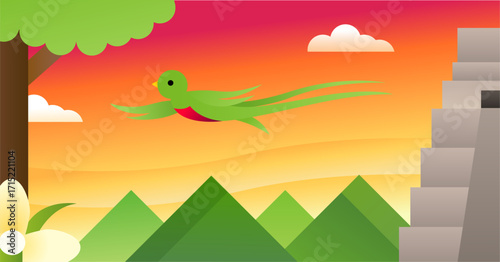 Quetzal Bird Flying Over a Colorful Landscape
