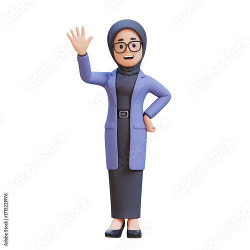 3D cartoon muslim female teacher character Waving Hand