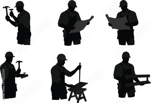Construction worker silhouette with hammer, carpenter checking blueprint, handyman with tools, builder measuring wood, craftsman repairman, industrial job site, professional labor.