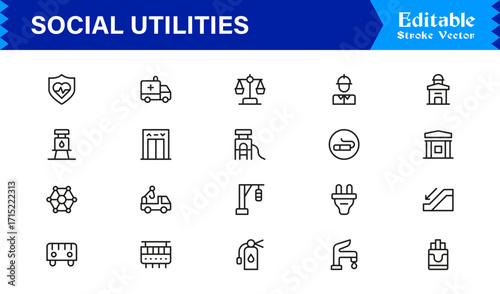 Social Utilities and Public Services Icons  Professional Modern Line Icon Pack with Unique Vector Style for Social Support and Utility Themes