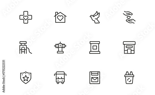 Social Utilities and Public Services Icons  Professional Modern Line Icon Pack with Unique Vector Style for Social Support and Utility Themes