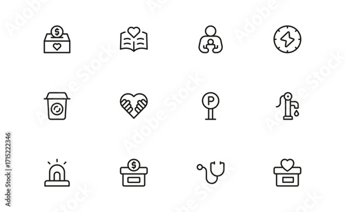 Social Utilities and Public Services Icons  Professional Modern Line Icon Pack with Unique Vector Style for Social Support and Utility Themes