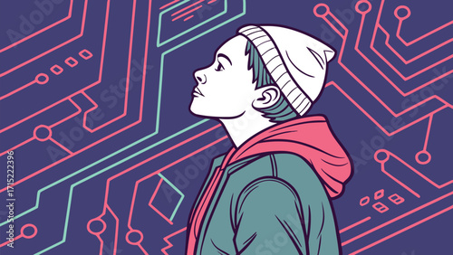 Futuristic Abstract AI Technology Circuit Vector with Neon Digital Data Flow.
