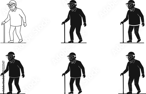 Elderly man walking with cane, senior character illustration, old man silhouette design, retired person drawing, aged lifestyle cartoon, vintage artwork figure