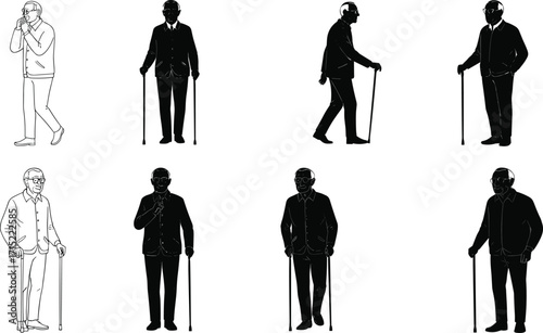 Elderly man silhouette walking with cane, senior cartoon character illustration, old man lifestyle drawing, vintage artwork, retirement age people design