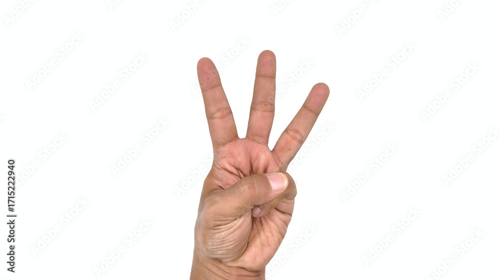 Naklejka premium Cropped shot of adult man hand showing three finger isolated with white background.