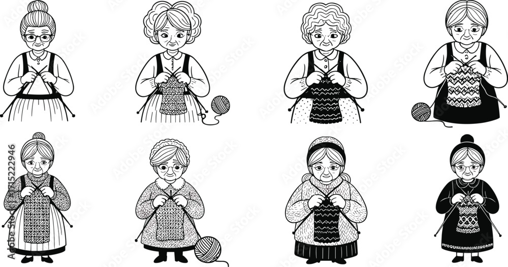 Naklejka premium Grandmother knitting illustration, old woman with yarn, vintage knitting artwork, elderly lady craft, handmade textile design, senior knitting vector drawing, cozy
