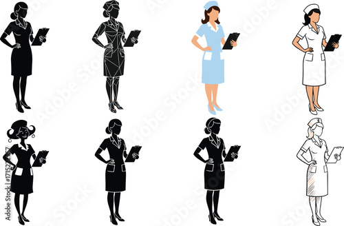 Nurse character illustration collection with clipboard, medical staff vector icons, healthcare worker silhouettes, hospital nurse designs, professional healthcare art set.