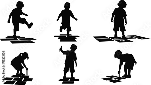 Silhouette children playing hopscotch outdoors, kids jumping, drawing chalk squares, childhood fun, playground activity, traditional street game, retro nostalgic playtime