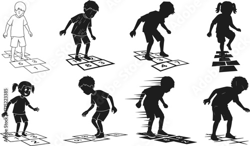 Silhouette kids playing hopscotch, children jumping on playground squares, outdoor childhood fun, traditional street game, chalk drawing, retro nostalgic activity, happiness