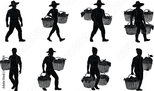 Silhouette of farmers carrying baskets full of fruits, agriculture workers, harvest season, rural lifestyle, countryside farming, traditional labor vector design