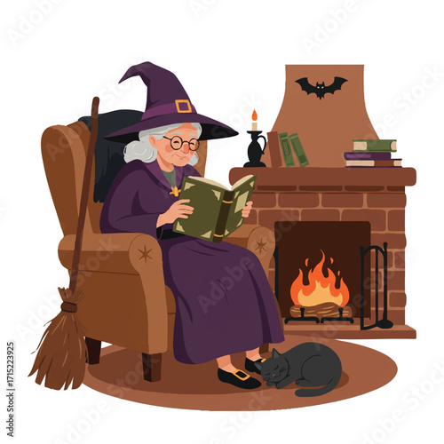 Wise old witch reading an ancient spellbook in an armchair, with her black cat napping by a warm fireplace, shown in a vibrant 2D flat vector style.