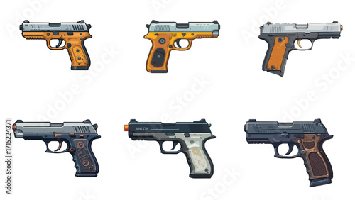 A set of flat colored weapon illustrations on a plain background. 
