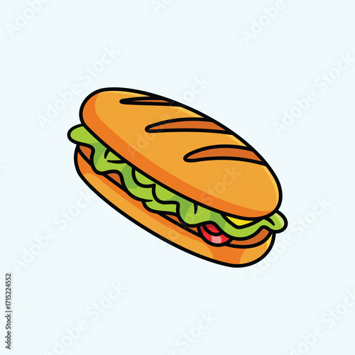 Cartoon Sandwich Vector Illustration of Baguette with Lettuce and Tomato