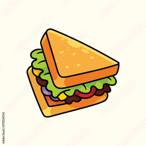 Cartoon Sandwich Vector Illustration of Baguette with Lettuce and Tomato