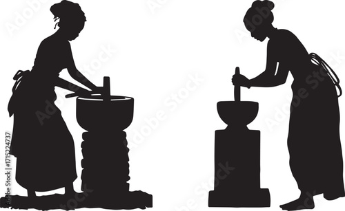 Silhouette of women grinding grain traditional method vintage illustration art work