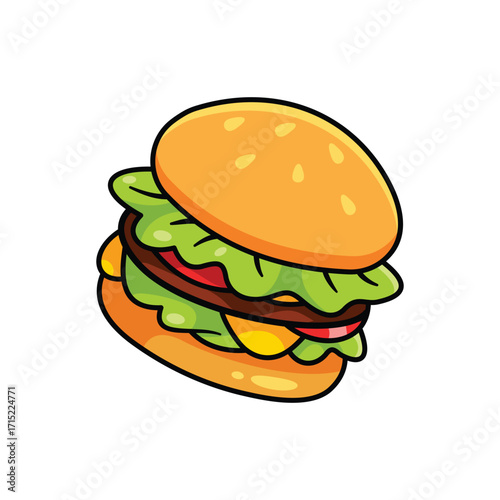 Cartoon Burger Vector Illustration with Cheese, Lettuce, and Tomato