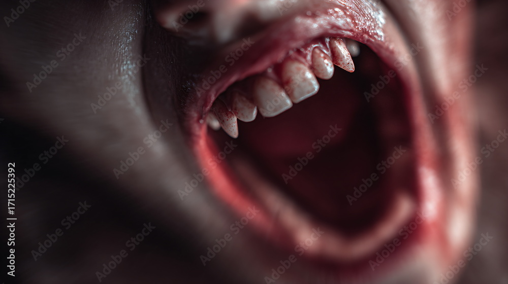Obraz premium A close-up of a creepy scream with white teeth and red lipstick. A scary human character for horror films, Halloween, or detective stories.