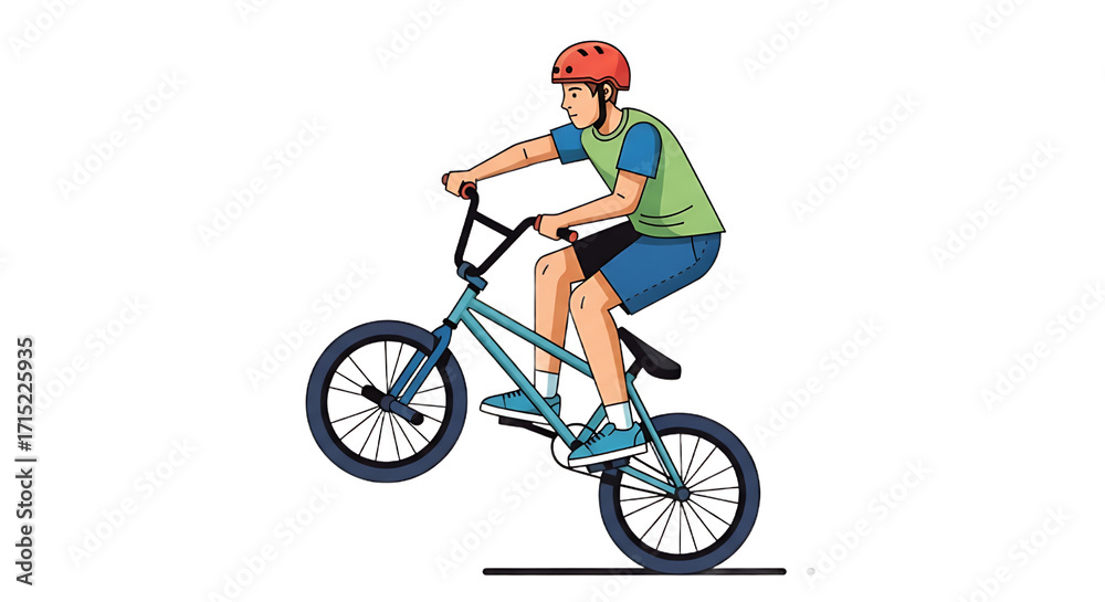 Fototapeta premium Young person performing a wheelie on a bicycle with a white background