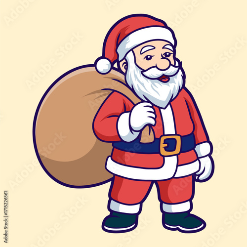 Cute cartoon vector illustration of Santa Claus carrying a big sack of gifts, perfect for Christmas holiday design, greeting cards, festive decorations, and seasonal marketing materials
