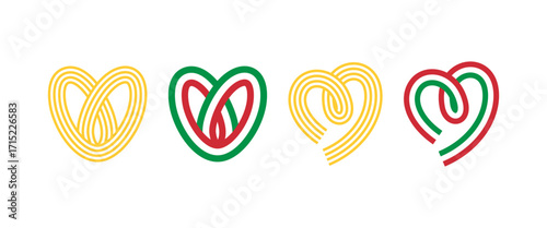 Italian Pasta Food Logo. Italy Spaghetti Vector Heart Shape Icon Design. Noodle Restaurant Love Symbol. Abstract Spiral Pasta Logotype.