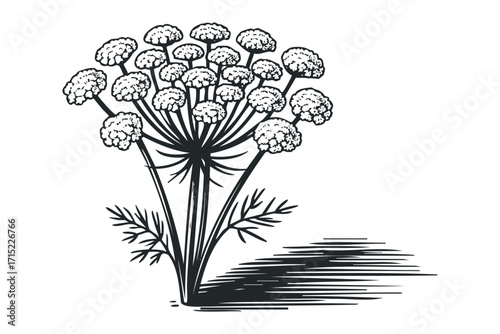 Line drawing of flowering plant with umbel inflorescence on transparent background. Vector hand drawn