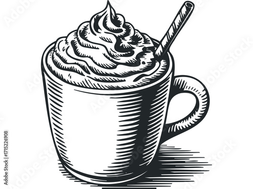 Line drawing of whipped cream topped coffee mug with straw. Vector hand drawn