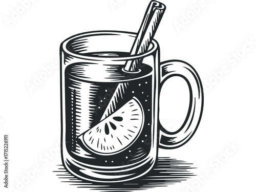 Mug with hot drink, slice of orange, and cinnamon stick. Vector hand drawn